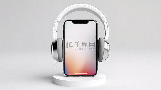 智能手机背景图片_白色背景下支架上的耳机智能手机的 3D 渲染