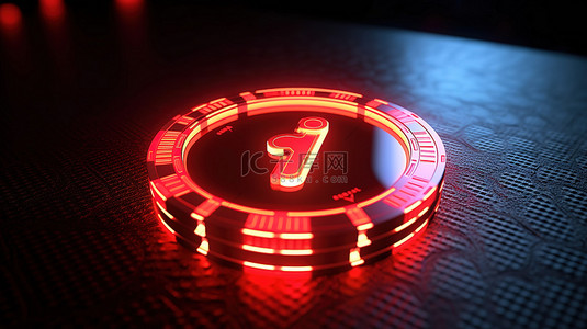3D 渲染插图霓虹灯扑克牌套装标志在扑克筹码上
