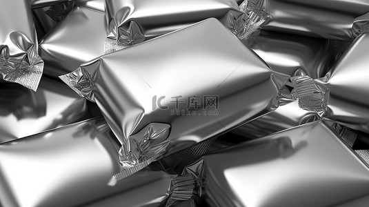 银箔背景图片_糖果时尚银箔包装的 3D 插图
