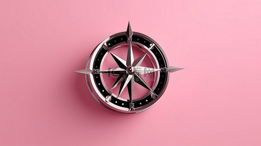 地理导航背景图片_粉红色背景上磁性箭头金属黑色指南针的 3D 插图