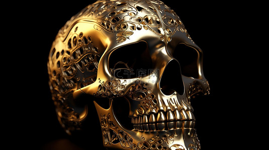 金色身背景图片_3d 渲染中的金色头骨象征着对黑暗背景下死亡的恐惧