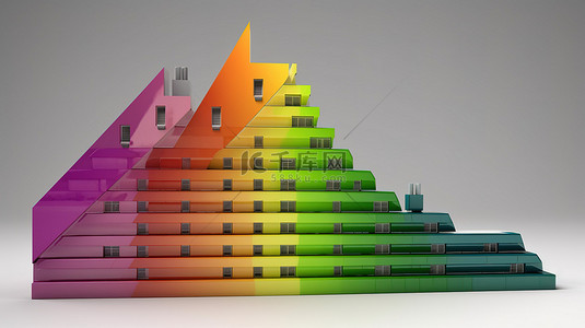 白色背景上带有能源效率评级图的抽象房屋的 3D 渲染