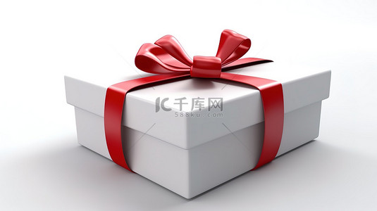 3d 创建的白色背景下用红丝带打开的白色礼品盒