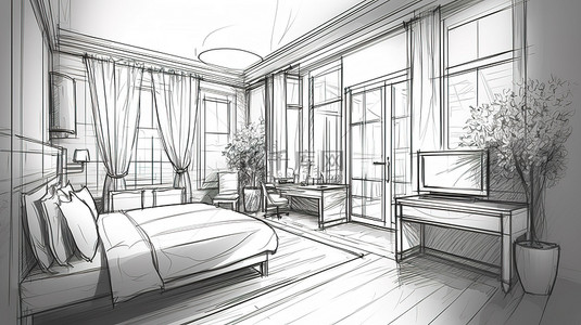 个人名片建筑背景图片_从阳台看卧室景观的建筑草图 3D 插图
