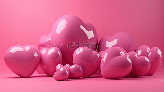 情人节背景设置背景图片_节日问候概念逼真的 3d 粉红心设置在粉红色背景上