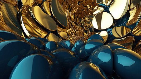 天鵝絨背景图片_令人惊叹的 3D 渲染中的金色和蓝色抽象背景设计