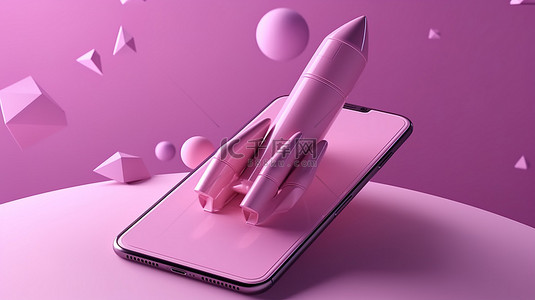 手机背景通过紫色柔和设计中的 3d 渲染火箭喷射速度探索现代最小创业企业的成功
