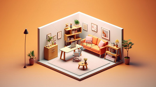家庭办公背景图片_带家具的家庭办公空间的 3D 等距插图