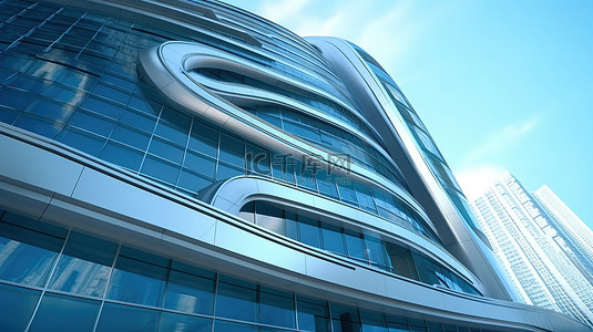时尚现代的建筑从低角度视图弯曲玻璃摩天大楼的 3D 渲染