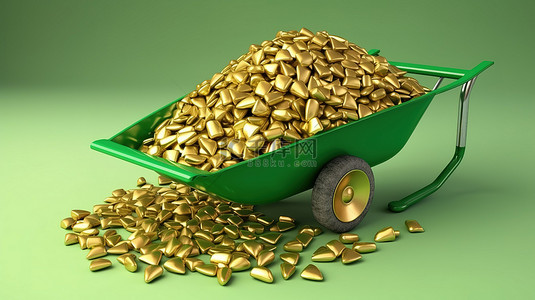 花园里的丰富 3D 渲染绿色独轮车，上面满是金条