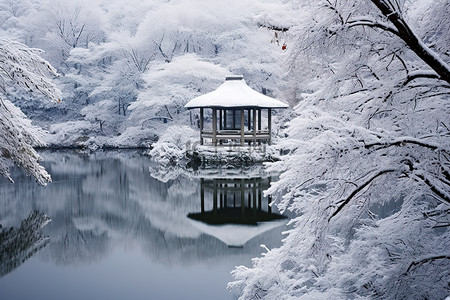 池塘边的一间小屋，树上白雪皑皑