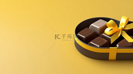 情人节巧克力盒背景图片_3D 渲染的心形和巧克力盒，中央空白黄丝带空间