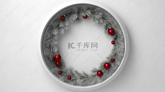 花环边框背景图片_白墙上圣诞树枝制成的红球圆框 3D 插图