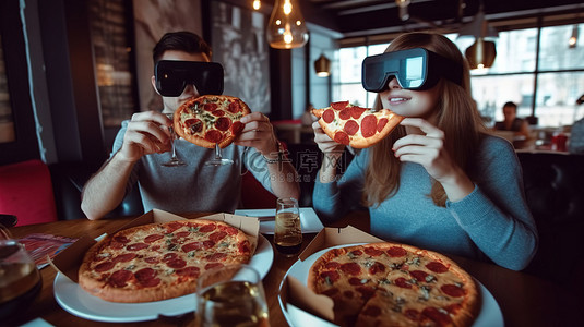 朋友们在咖啡馆享用披萨并体验 3D 虚拟眼镜