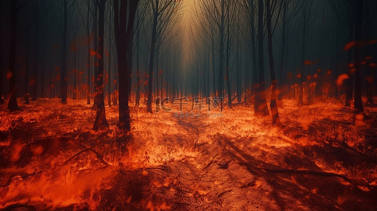 被火焰和燃烧的树木吞没的森林的 3d 渲染