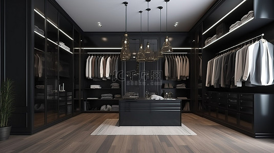 现代阁楼步入式衣橱，采用时尚的黑色，搭配衬衫和连衣裙