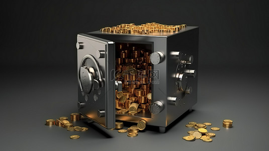 3D 渲染保险箱，里面装有硬币和现金，并用锁固定