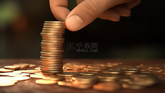 金融上升背景图片_上升的手指放在一堆硬币上金融增长概念的 3D 渲染