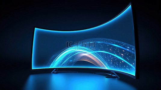 现代弧形 LED 液晶电视显示屏与数字渲染的蓝色背景