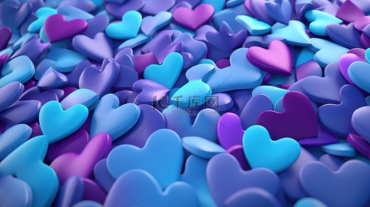 情人节抽象插图蓝色和紫色心形的 3D 渲染