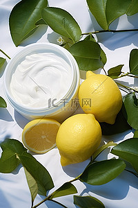 水果奶油背景图片_柠檬皮橄榄叶和润肤露