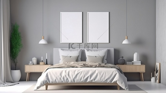 斯堪的纳维亚风格的卧室中无人使用的相框，以 3D 方式雅致地渲染