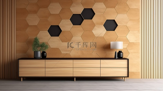 简约日式房间内的禅宗风格橱柜，配有六角形木墙砖 3D 渲染
