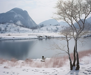 冬天的雪山和湖泊