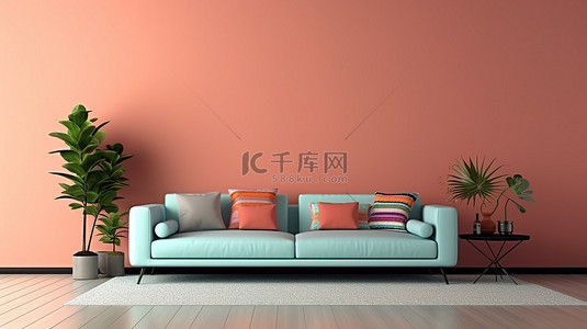 客房背景图片_现代客房设计，配有木地板彩色墙壁和沙发 3D 渲染