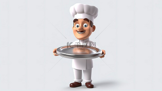 卡通厨师在银托盘上呈现菜肴