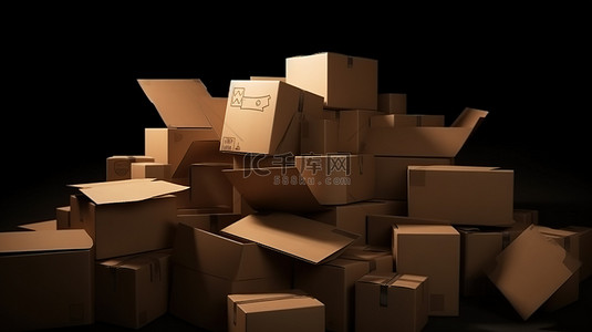 在 3D 渲染中打开三个堆叠的盒子中间的纸板箱