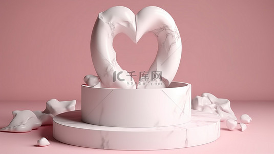时尚插画白色大理石圆柱形讲台，粉红色心形背景 3D 渲染