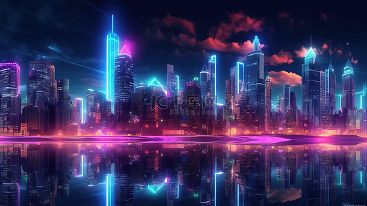 荧光大都市在繁星点点的夜空中闪耀3D渲染