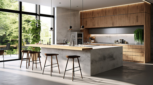 现代厨房配有内置电器白色和硬木装饰以及时尚的混凝土吧台顶部 3D 渲染