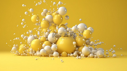 柔和的黄色背景，带有精致的浮动颗粒，非常适合在简约工作室环境中进行化妆品和食品广告 3D 渲染图像