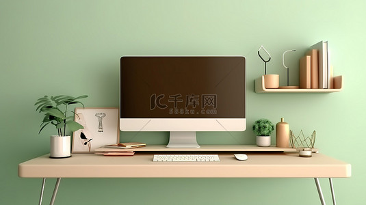电脑桌面圖標背景图片_带有计算机模型和用品的绿墙工作区的 3D 渲染
