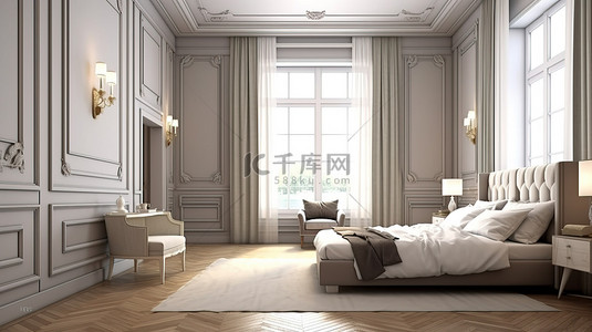 奢华的酒店卧室配有优雅的镶板墙和诱人的照明 3D 渲染