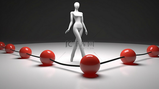 3D 插图女表演者在杂耍球时在钢丝上保持平衡