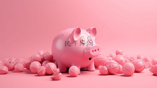 粉红色小猪背景图片_一个奶油色的背景，里面装满了硬币，围绕着一个粉红色的存钱罐，代表着省钱的概念 3d 渲染图像