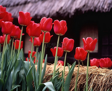 植物香背景图片_茅草屋前的红色郁金香