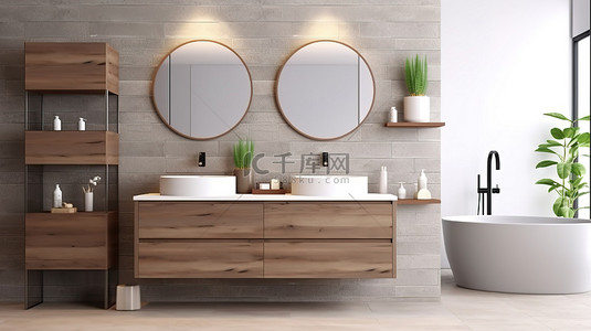 斯堪的纳维亚浴室梳妆台，配有双水槽和 3D 镜柜