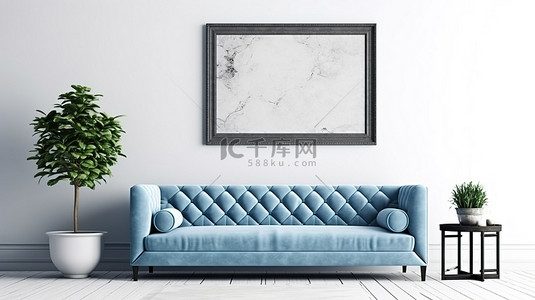 家居背景蓝色背景图片_带有模型框架的白墙家居室内蓝色现代家具的 3D 渲染