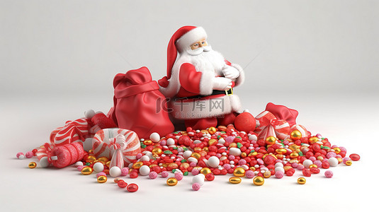 卡通贺卡白色背景图片_节日圣诞节场景与 3D 圣诞老人礼品袋糖果和树
