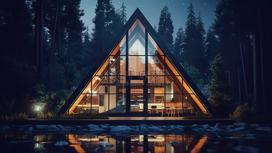 夜光森林背景图片_当代三角形房屋设计在夜间照明，以 3D 插图的森林背景为背景