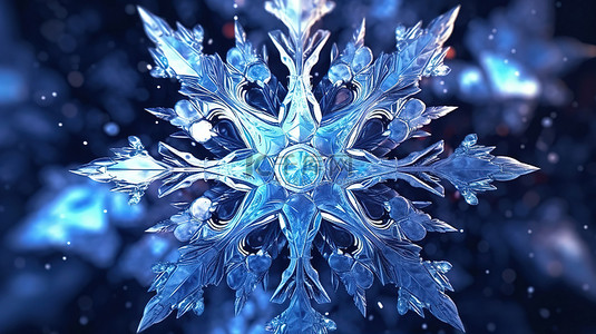抽象背景中明亮的蓝色雪花宝石的令人惊叹的 3D 万花筒插图