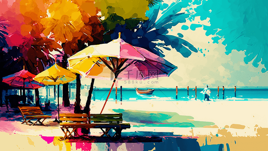 卡通蓝色的图案背景图片_夏天沙滩太阳伞抽象艺术