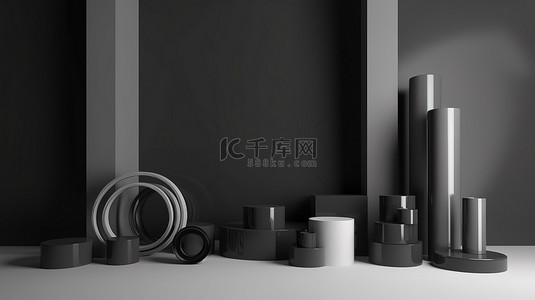 黑色灰色和白色 3D 渲染背景中男士产品展示的抽象工作室拍摄