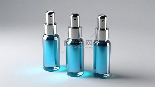 白色背景上孤立蓝瓶面血清包装样机的 3D 插图