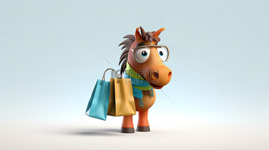 抓着购物袋的搞笑 3D 马形人物