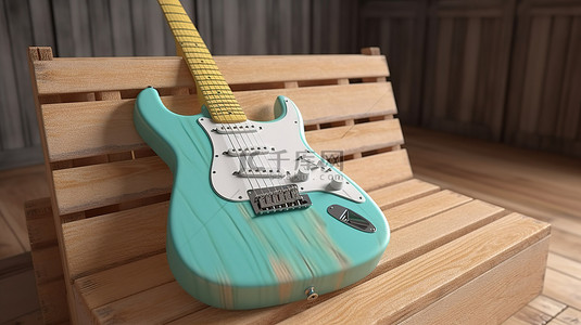 柔和色调的乡村风格 3D 渲染与托盘木上的电吉他